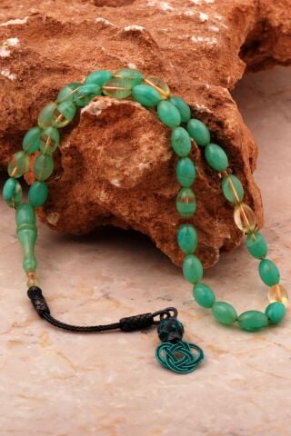 Usta İşi Hareli Ateş Kehribarı Kazaziye İşlemeli Gümüş Tesbih 364