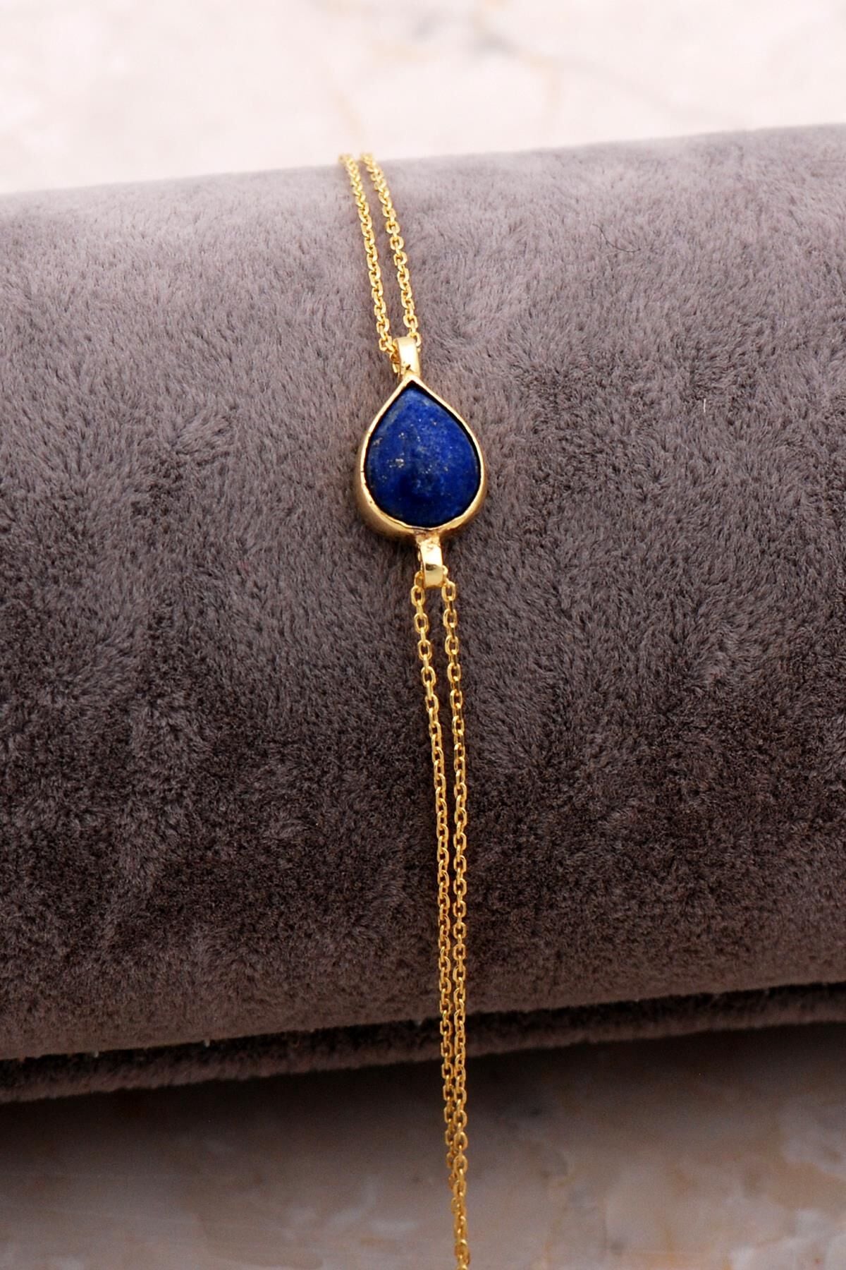 Doğal Lapis Lazuli Taşlı Damla Mini Altın Yaldızlı Gümüş Bileklik 4124