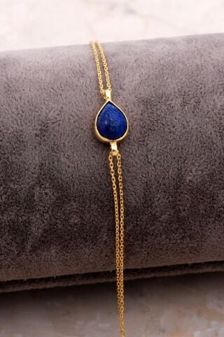 Doğal Lapis Lazuli Taşlı Damla Mini Altın Yaldızlı Gümüş Bileklik 4124