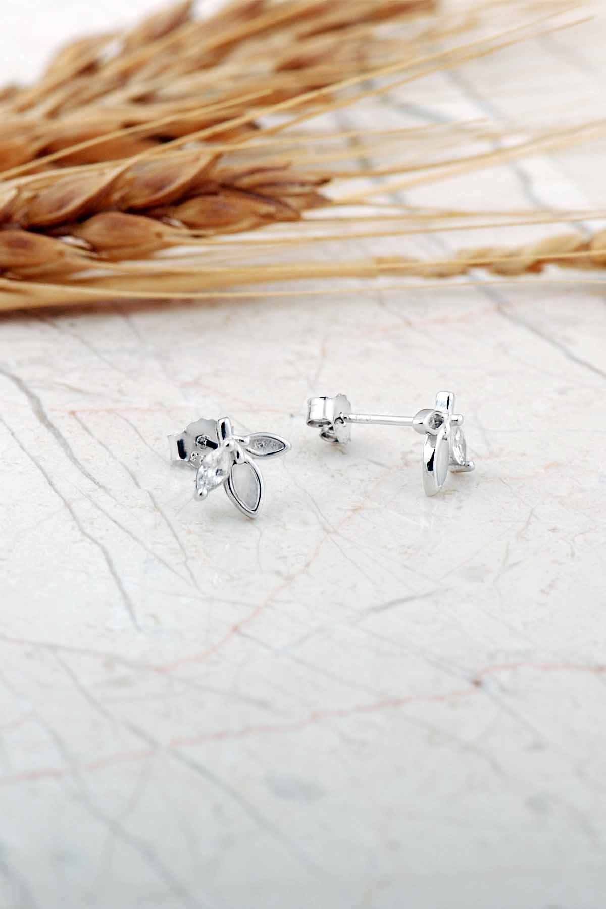 Sedef Taşlı Rodyumlu Yaprak Mini Gümüş Küpe 7283