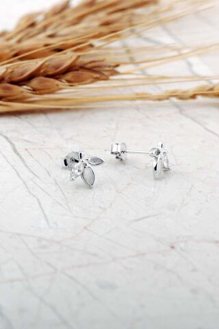 Sedef Taşlı Rodyumlu Yaprak Mini Gümüş Küpe 7283