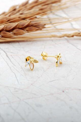 Sedef Taşlı Altın Kaplama Yaprak Mini Gümüş Küpe 7284