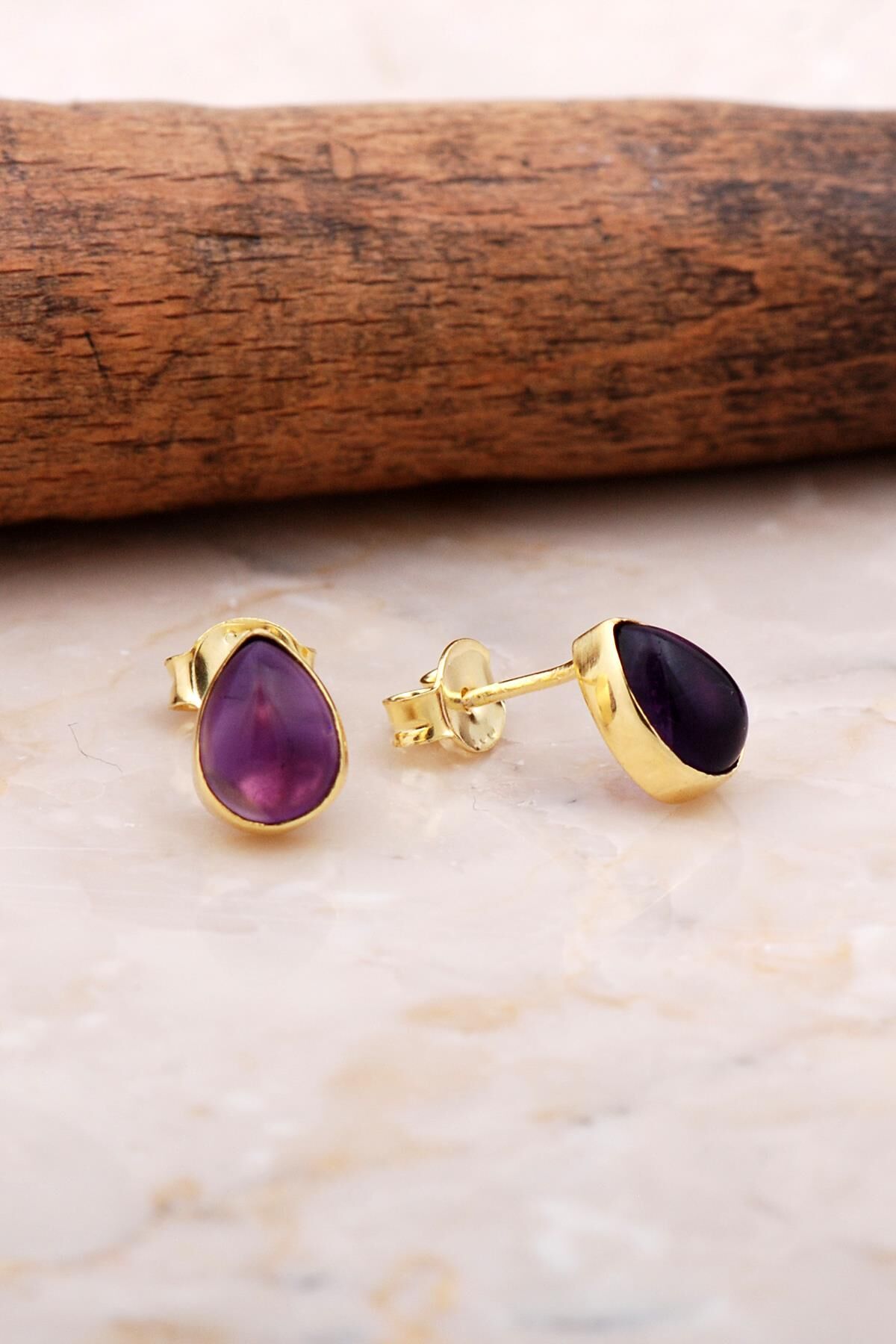 Doğal Ametist Taşlı Damla Mini Altın Yaldızlı Gümüş Küpe 5831