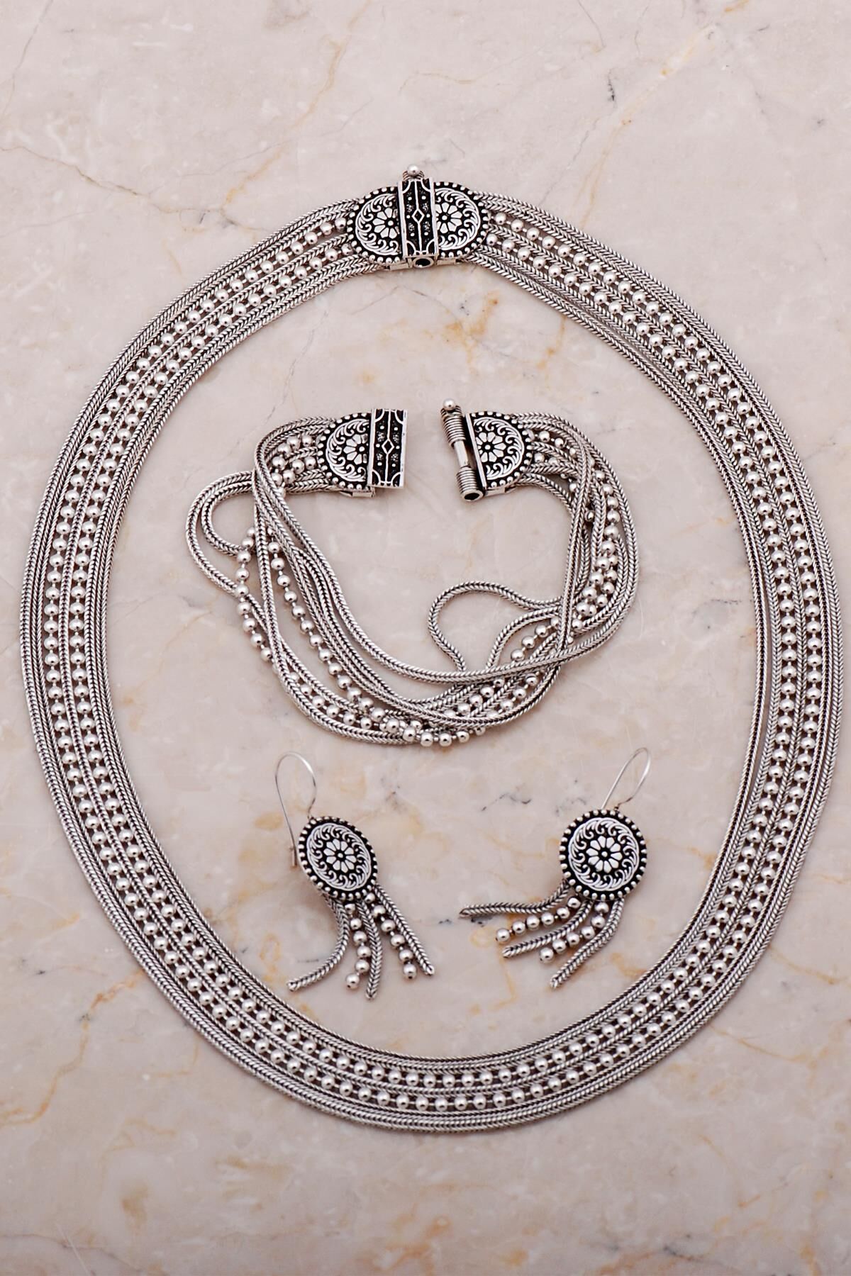 Midyat Hasırı Tasarım Elişi Oksitli Gümüş Set 2668