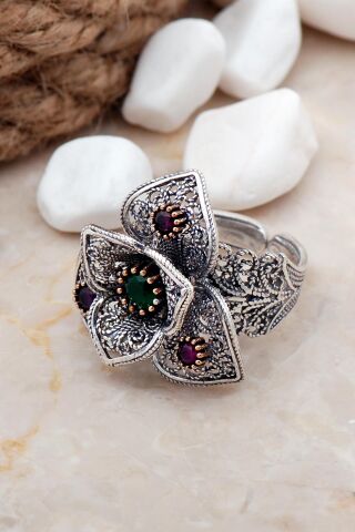 Telkari Elişi Gümüş Taşlı Yüzük 3229