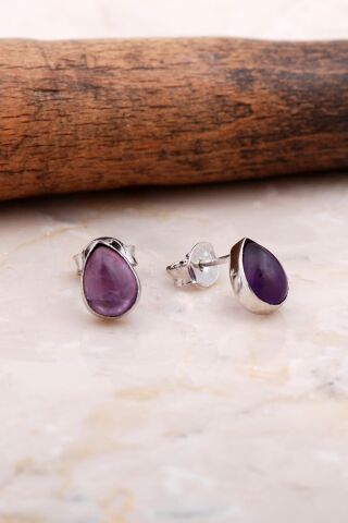 Doğal Ametist Taşlı Damla Mini Rodyumlu Gümüş Küpe 5832