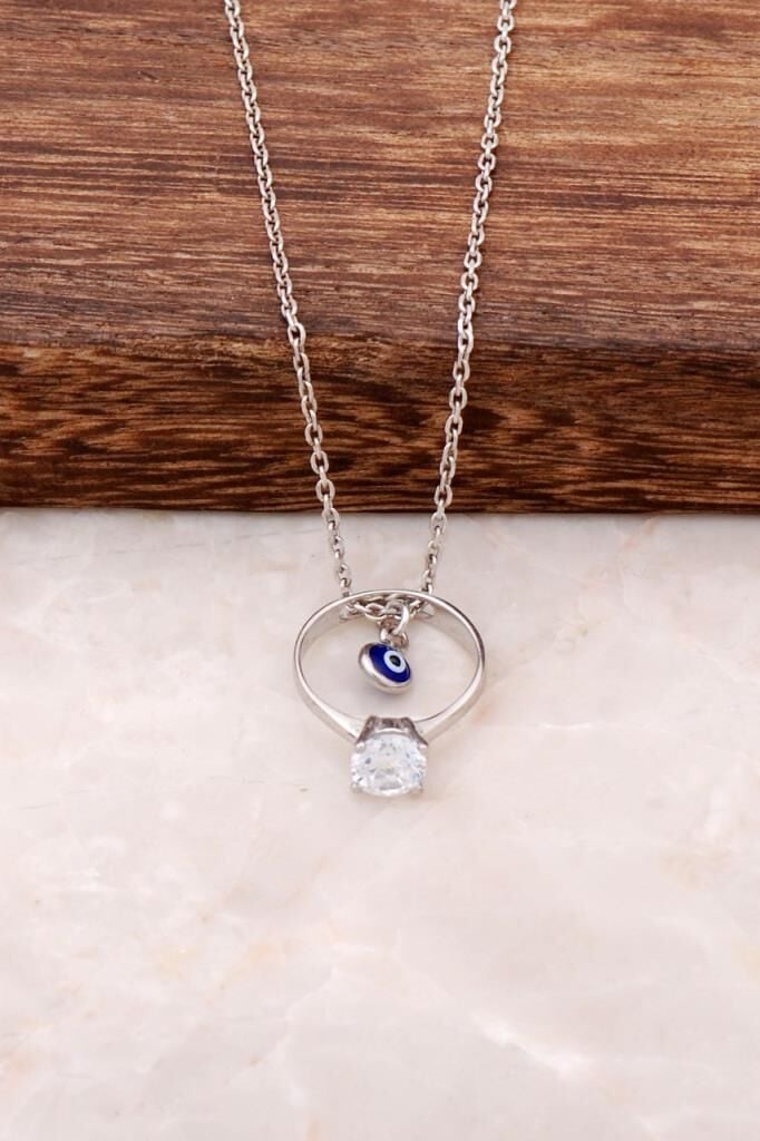 Tek Taş Rodyumlu Gümüş Kolye 1938