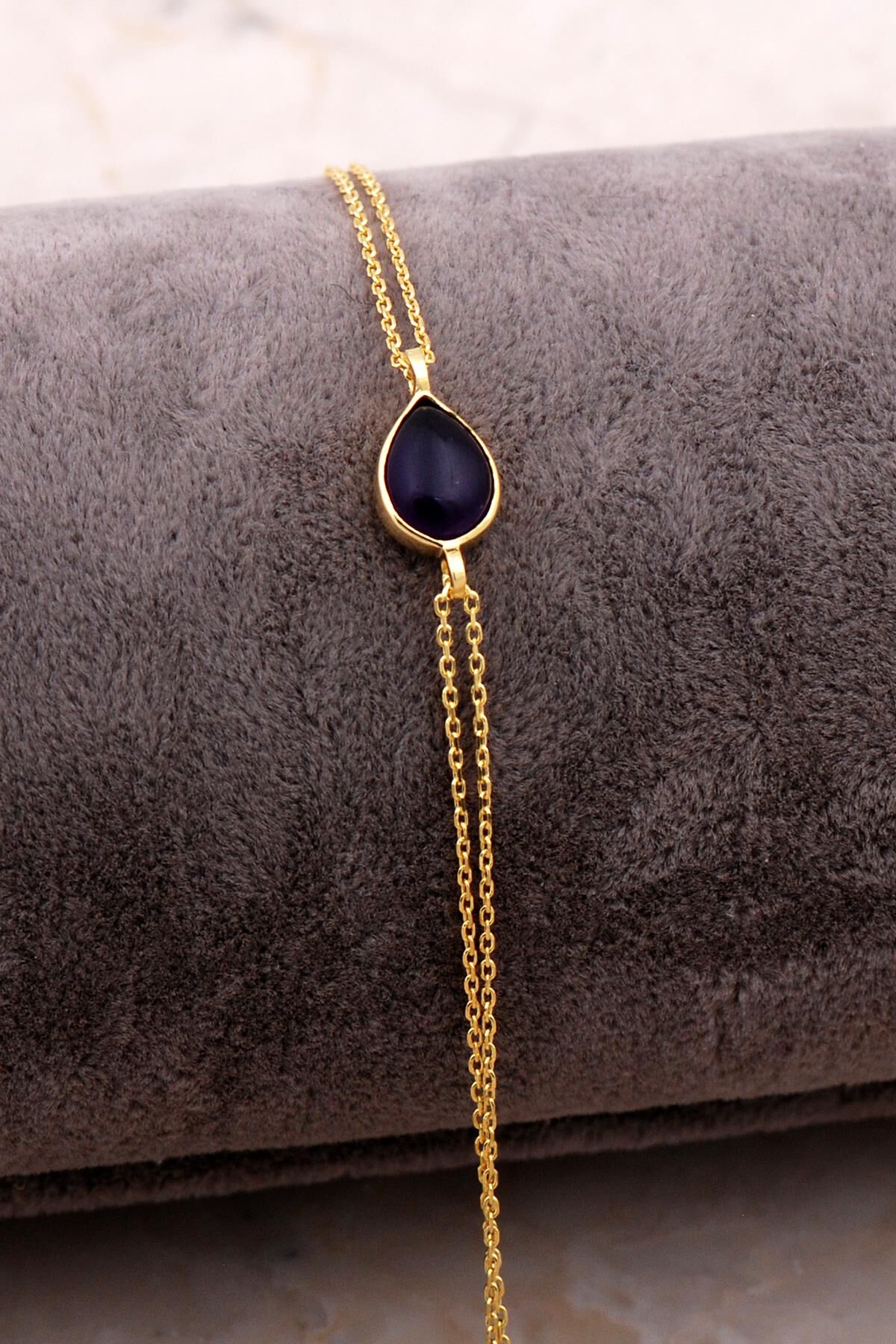 Doğal Ametist Taşlı Damla Mini Altın Yaldızlı Gümüş Bileklik 4127