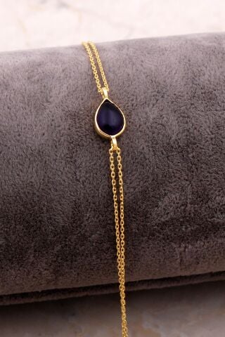 Doğal Ametist Taşlı Damla Mini Altın Yaldızlı Gümüş Bileklik 4127