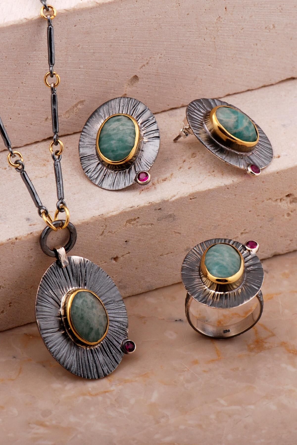 Amazonit Taşlı Çekiç Dövme Elişi Tasarım Gümüş Set 2783