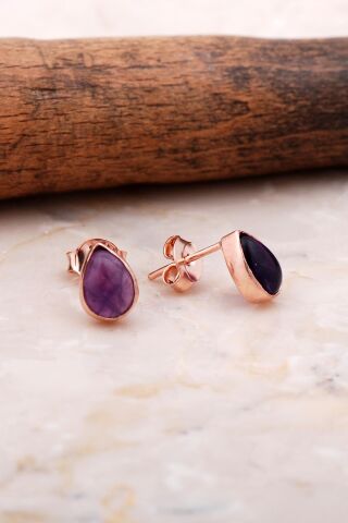 Doğal Ametist Taşlı Damla Mini Rose Gümüş Küpe 5833