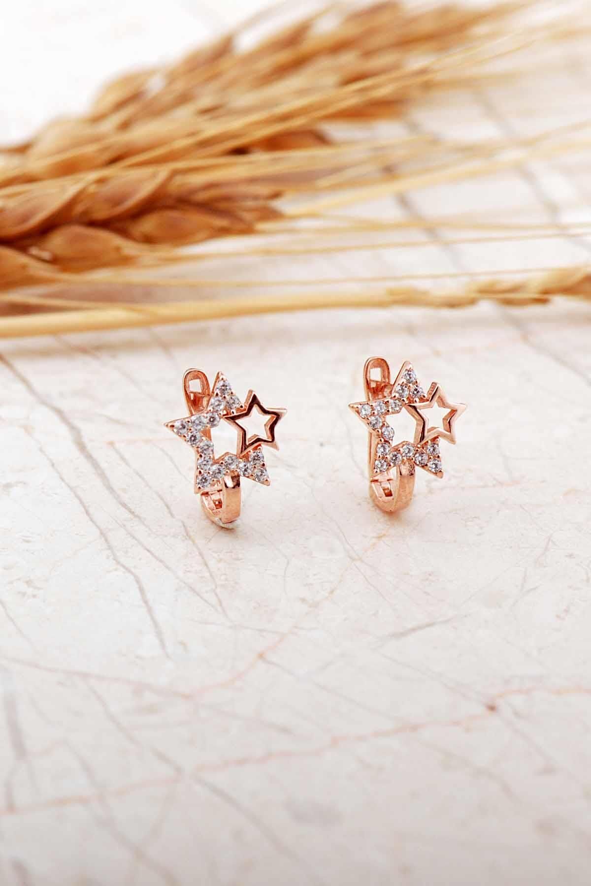 Taşlı Yıldız Rose Gümüş Çocuk Küpe 7289