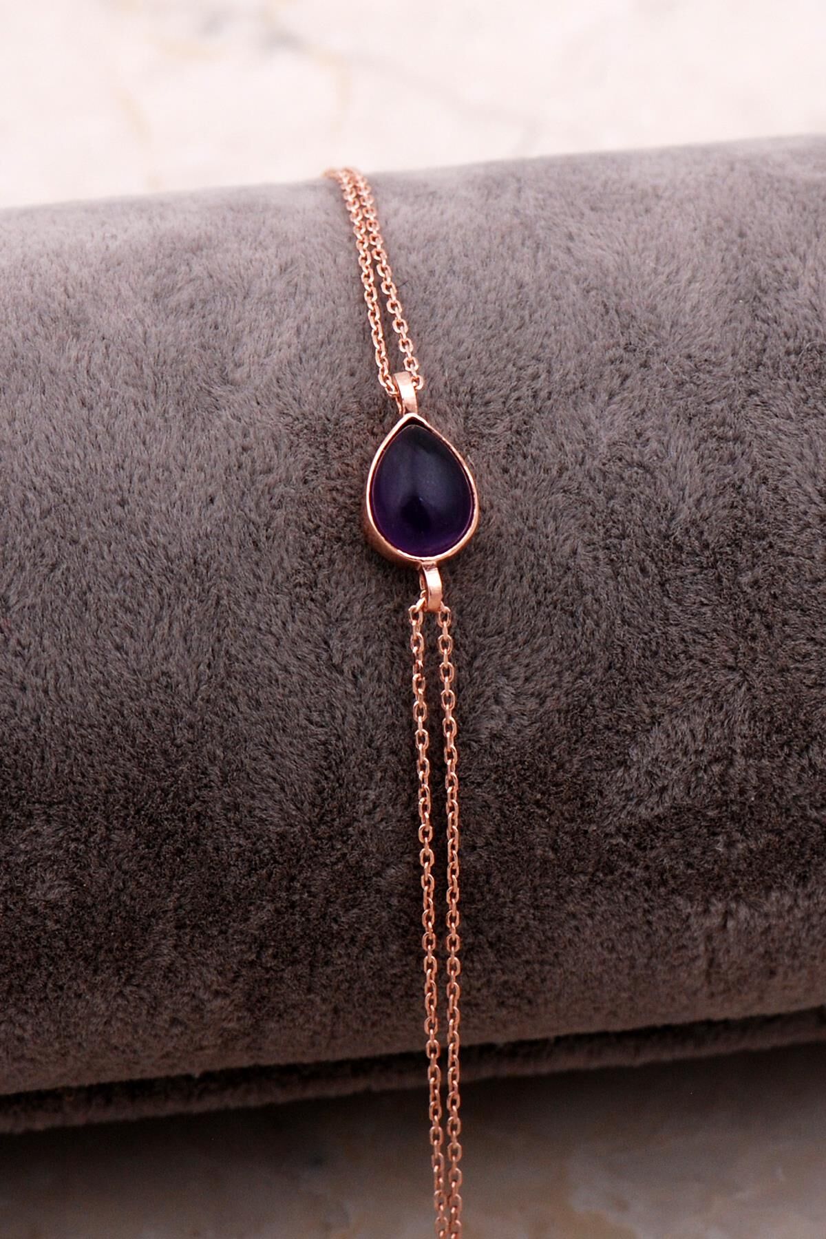 Doğal Ametist Taşlı Damla Mini Rose Gümüş Bileklik 4128