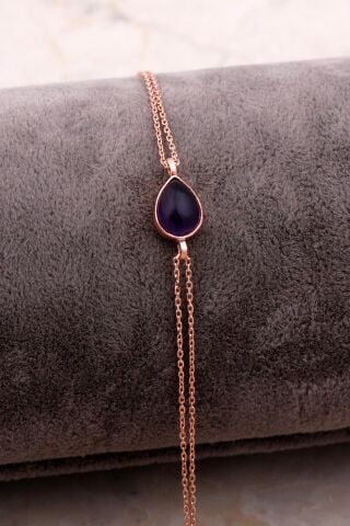 Doğal Ametist Taşlı Damla Mini Rose Gümüş Bileklik 4128