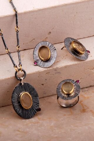 Sitrin Taşlı Çekiç Dövme Elişi Tasarım Gümüş Set 2784