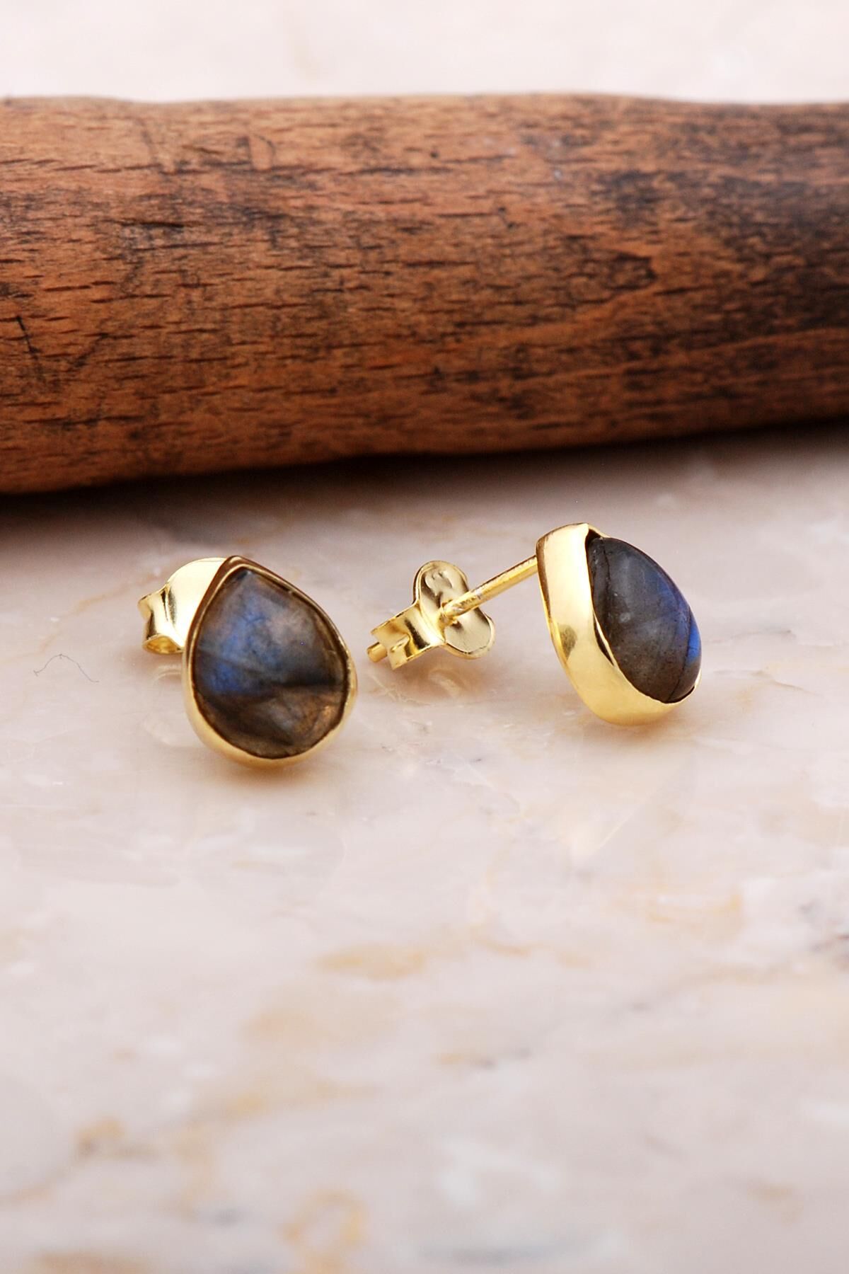 Doğal Labradorit Taşlı Damla Mini Altın Yaldızlı Gümüş Küpe 5834