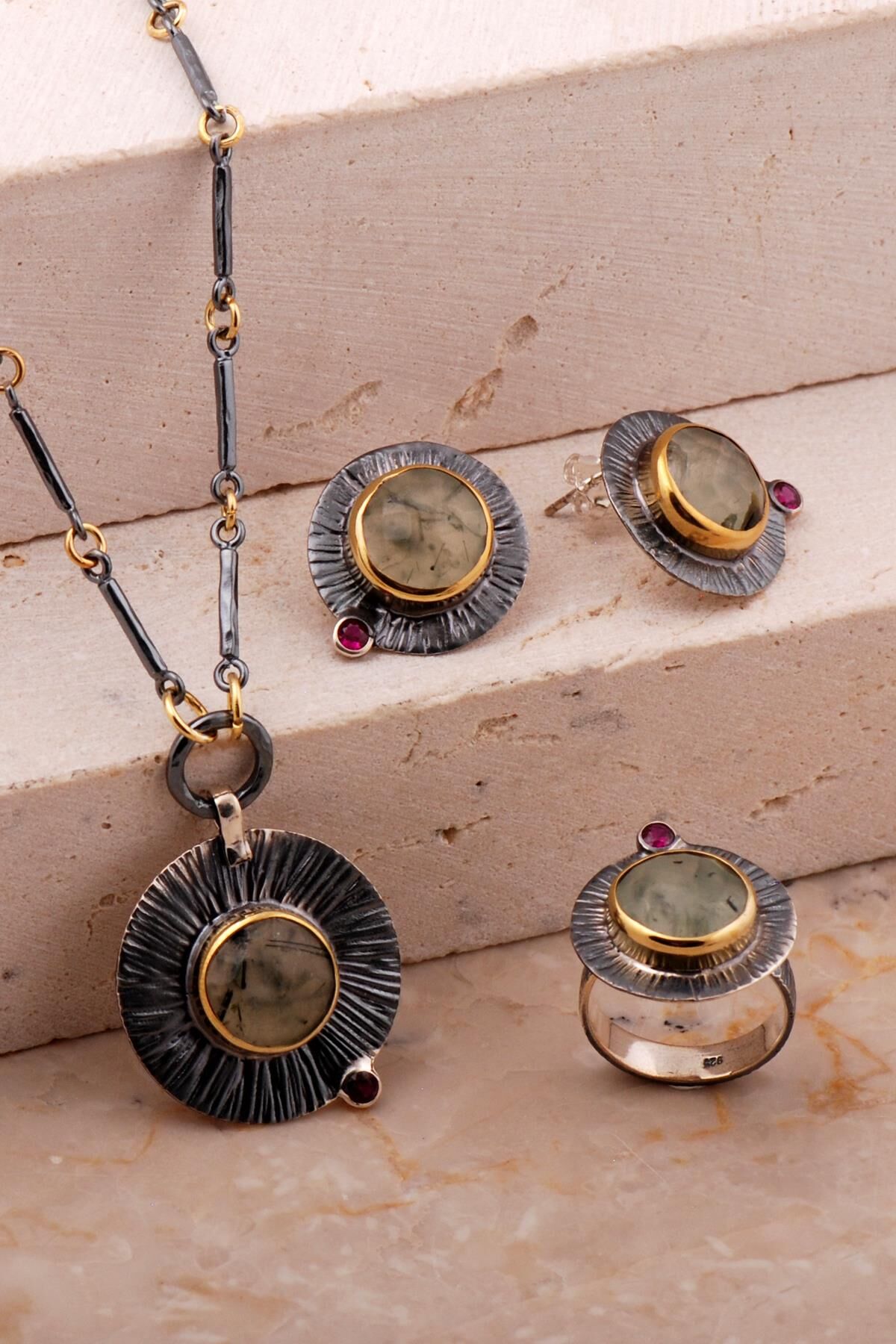 Rutil Kuvars Taşlı Çekiç Dövme Elişi Tasarım Gümüş Set 2785