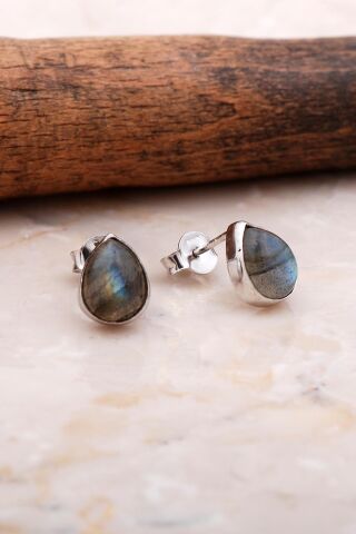 Doğal Labradorit Taşlı Damla Mini Rodyumlu Gümüş Küpe 5835