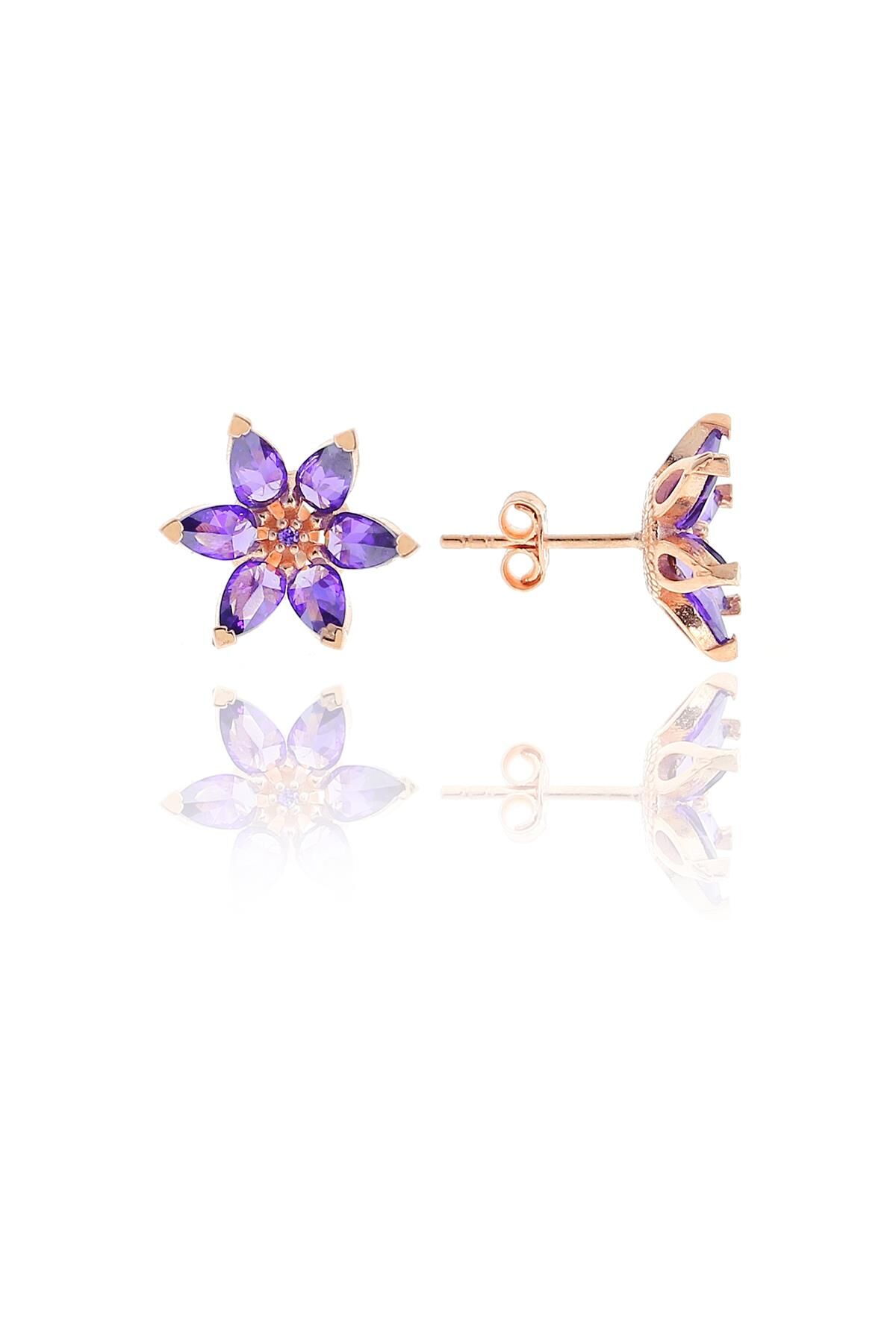 Lotus Çiçeği Tasarım Rose Gümüş Küpe 5095