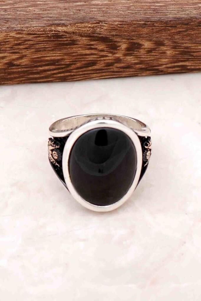 Oniks Taşlı Osmanlı Armalı Gümüş Erkek Yüzük 709