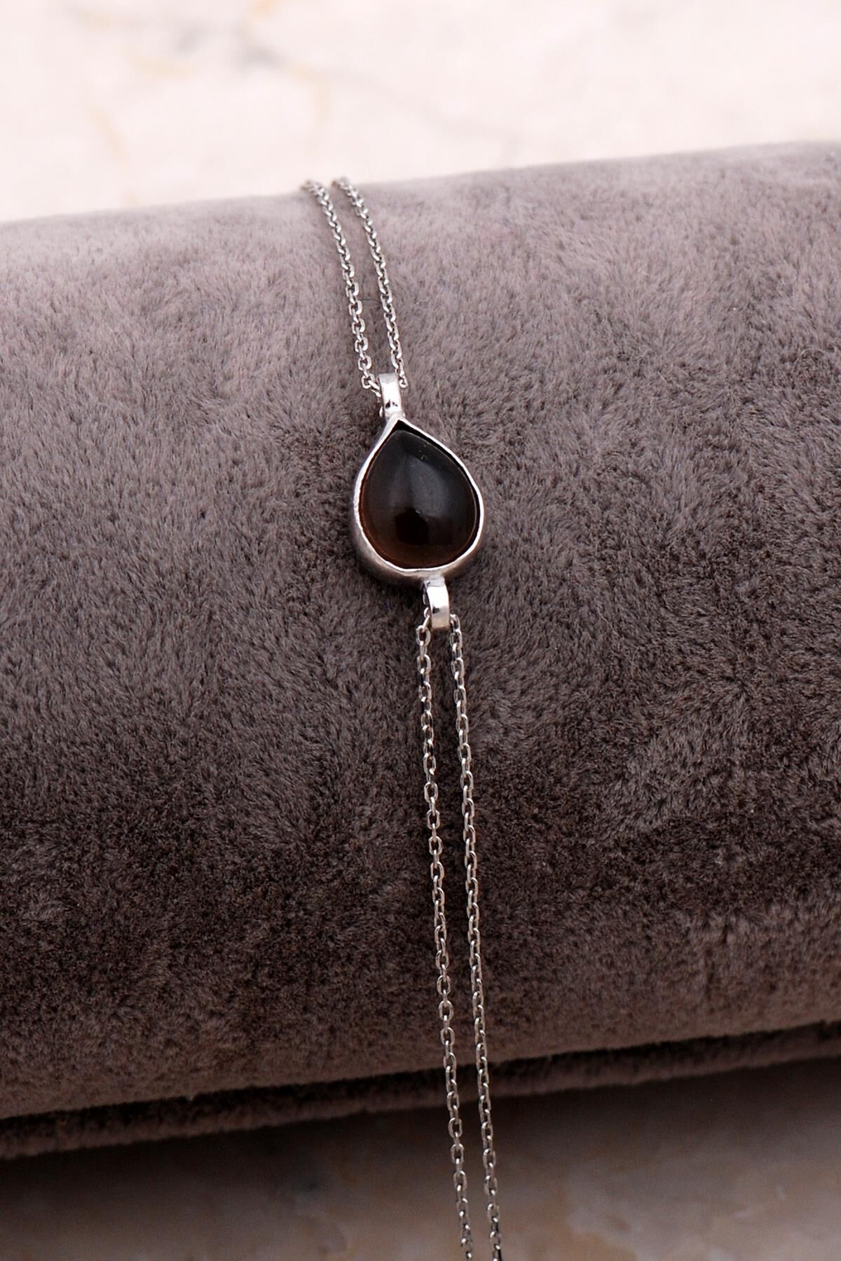 Doğal Smoky Taşlı Damla Mini Rodyumlu Gümüş Bileklik 4129