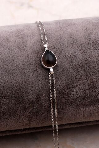 Doğal Smoky Taşlı Damla Mini Rodyumlu Gümüş Bileklik 4129