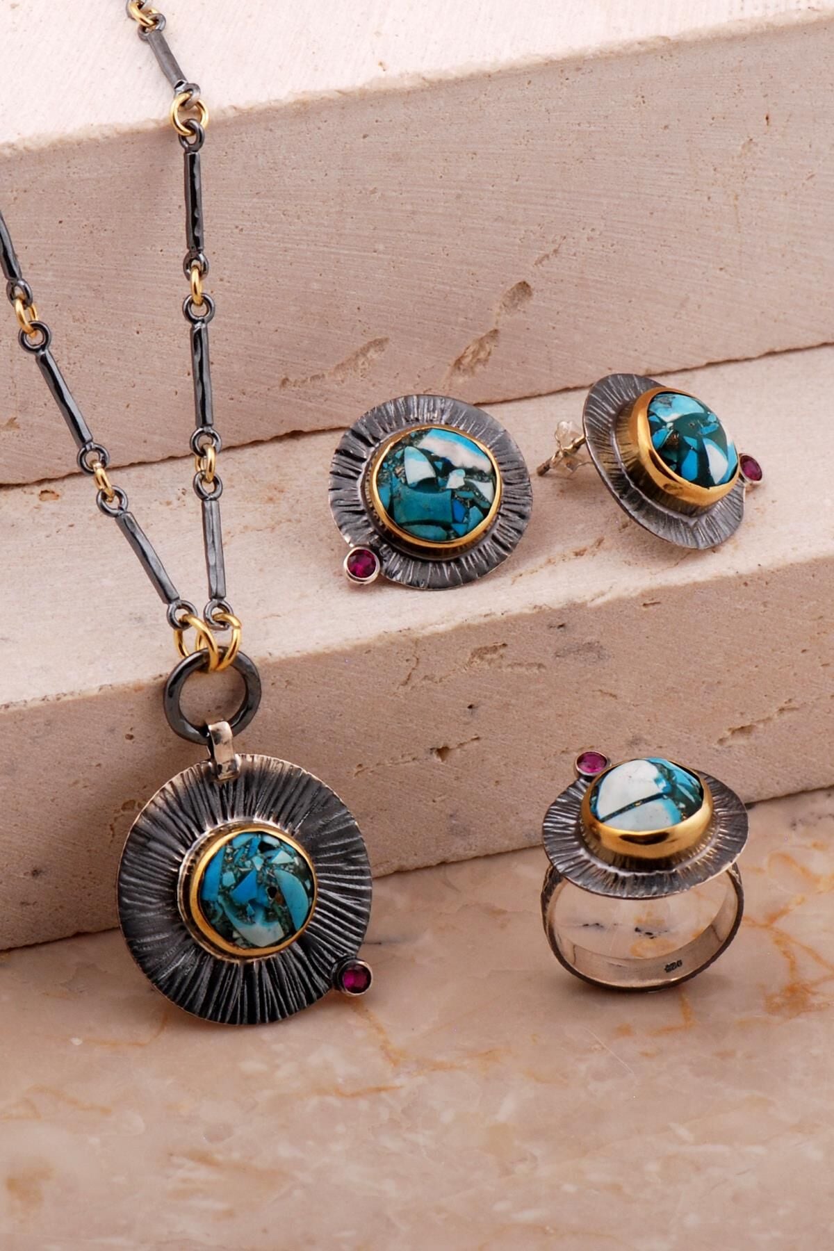 Turkuaz Taşlı Çekiç Dövme Elişi Tasarım Gümüş Set 2787