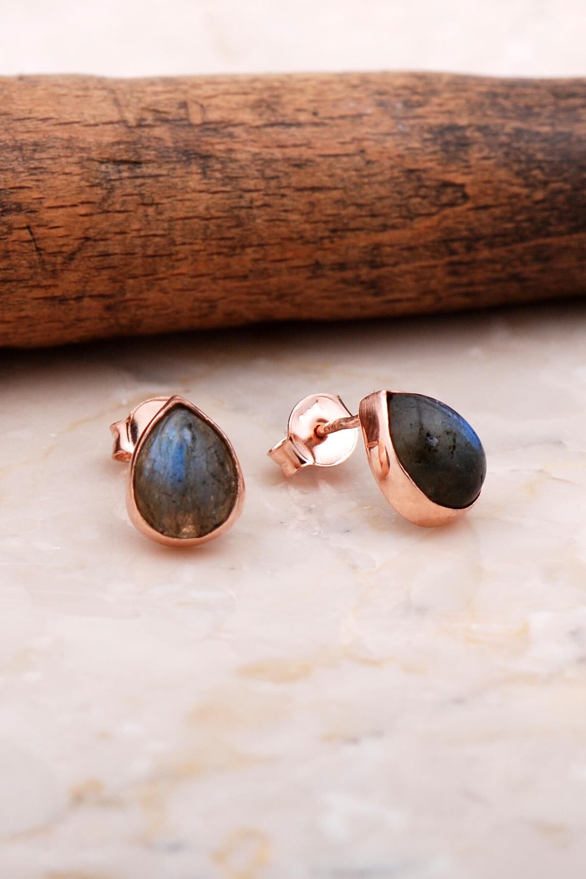 Doğal Labradorit Taşlı Damla Mini Rose Gümüş Küpe 5836