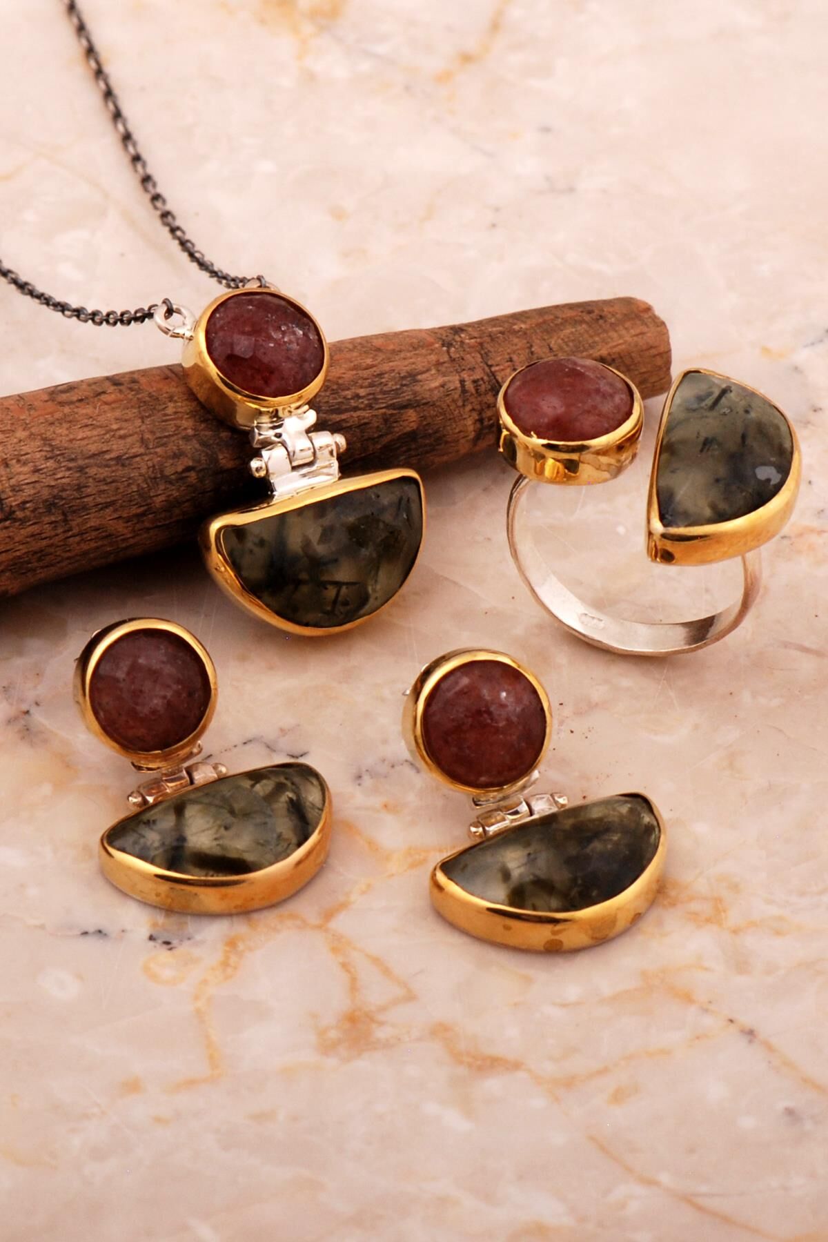 Rutil Kuvars ve Agat Taşlı Tasarım Elişi Gümüş Set 2789