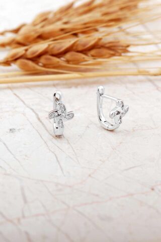 Taşlı Rüzgar Gülü Rodyumlu Gümüş Çocuk Küpe 7295