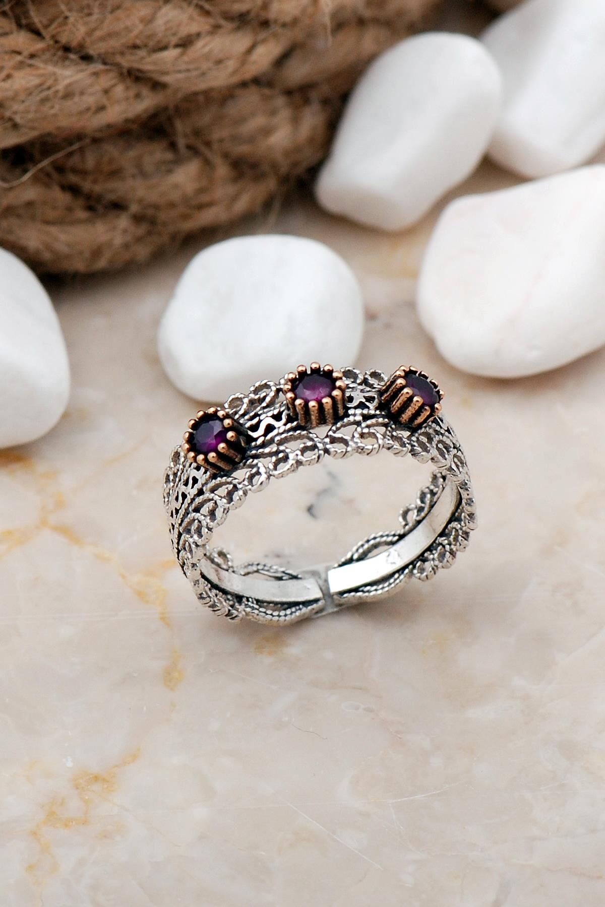 Telkari Elişi Taşlı Gümüş Yüzük 3240