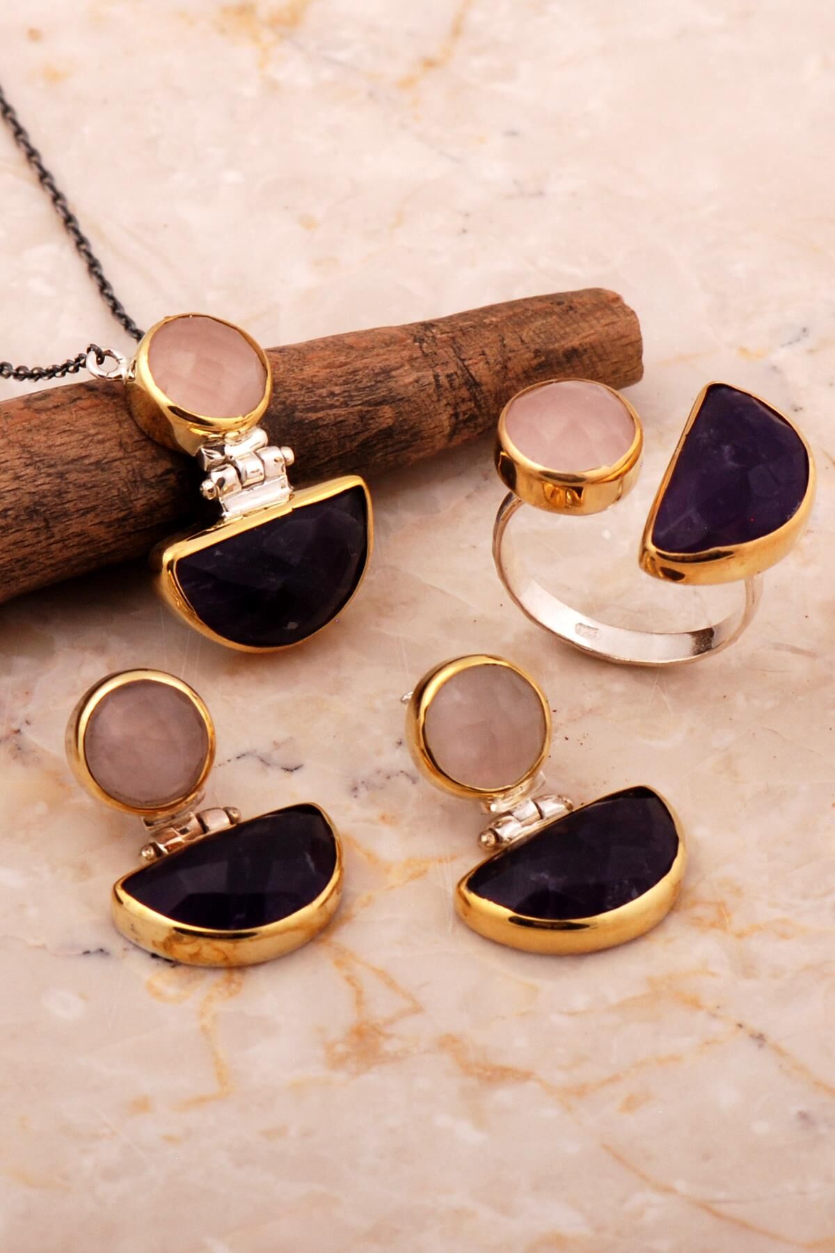 Ametist ve Pembe Kuvars Taşlı Tasarım Elişi Gümüş Set 2790