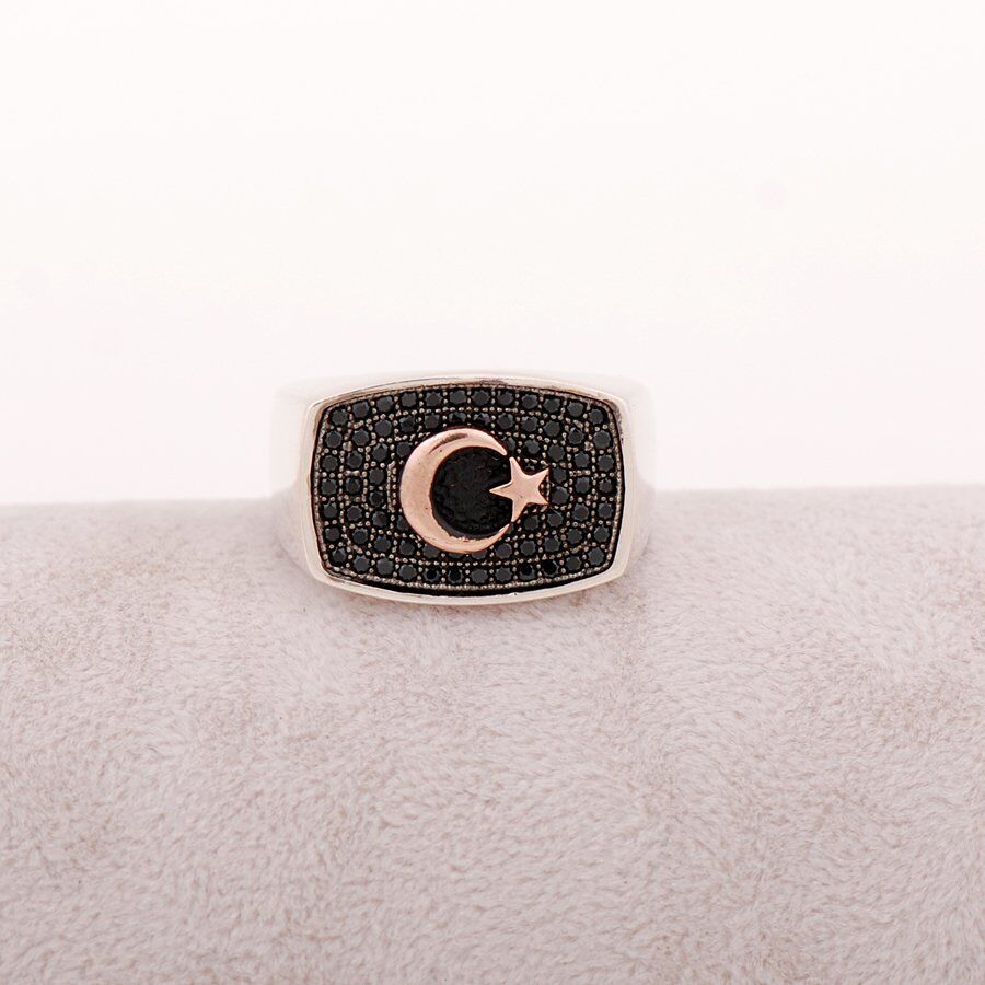 Ay Yıldızlı Tasarımlı Gümüş Erkek Yüzük 1287