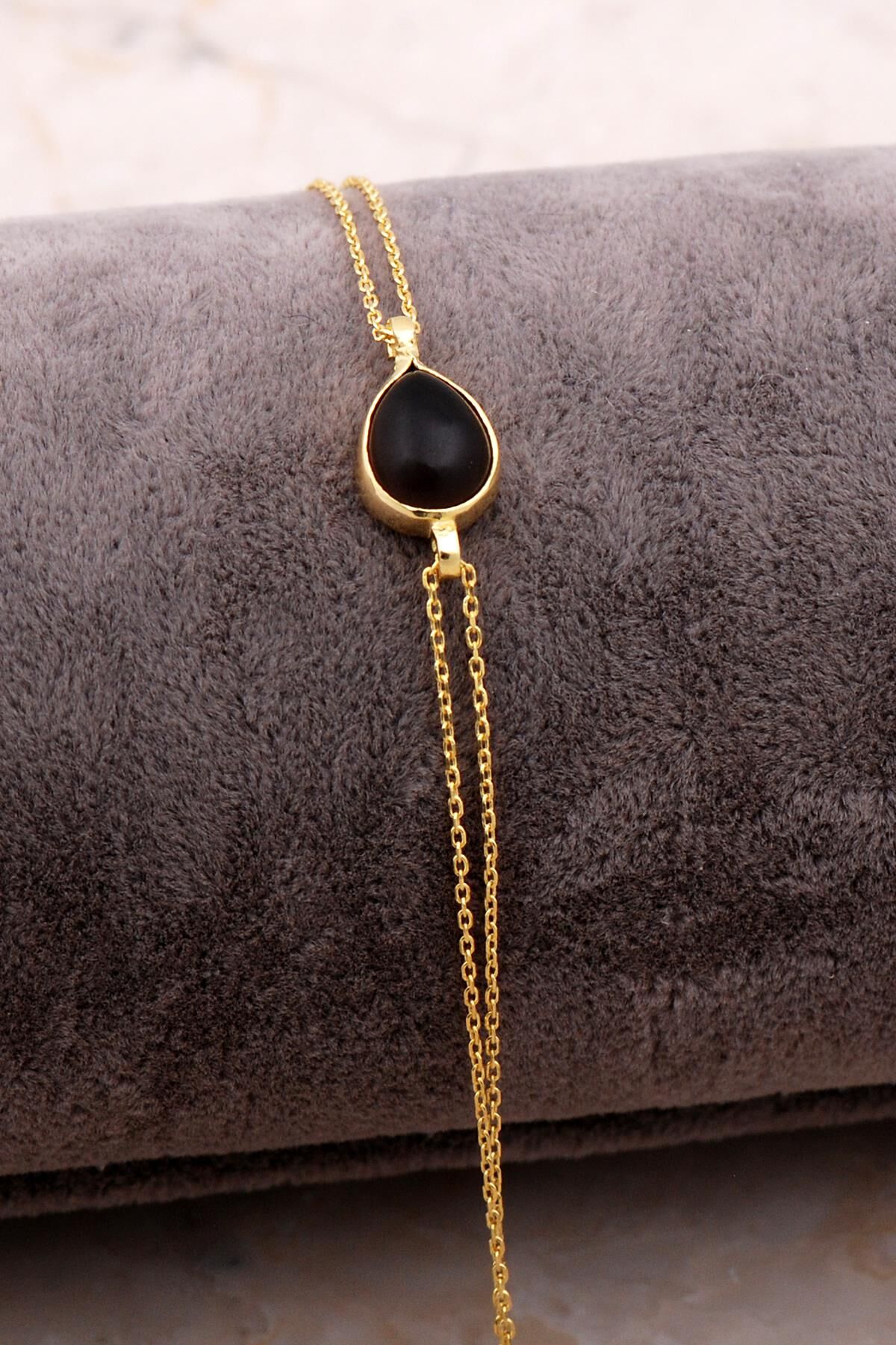 Doğal Smoky Taşlı Damla Mini Altın Yaldızlı Gümüş Bileklik 4130