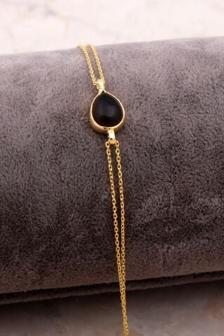 Doğal Smoky Taşlı Damla Mini Altın Yaldızlı Gümüş Bileklik 4130