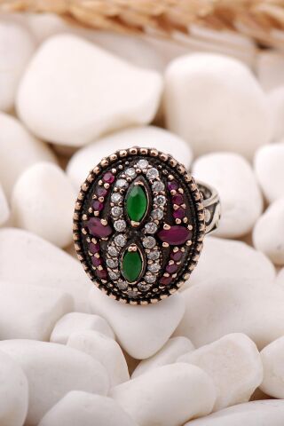 Kök Zümrüt ve Kök Yakut Taşlı Elişi Gümüş Yüzük 131