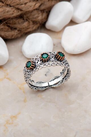 Telkari İşlemeli Elişi Gümüş Taşlı Yüzük 3242