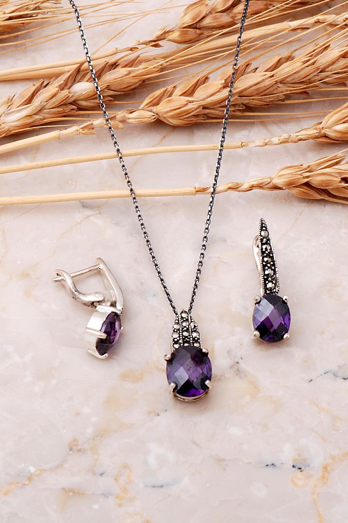 Ametist ve Markazit Taşlı Gümüş Set 2498