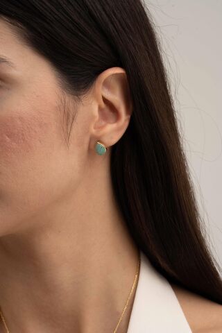 Doğal Amazonit Taşlı Damla Mini Altın Yaldızlı Gümüş Küpe 5837