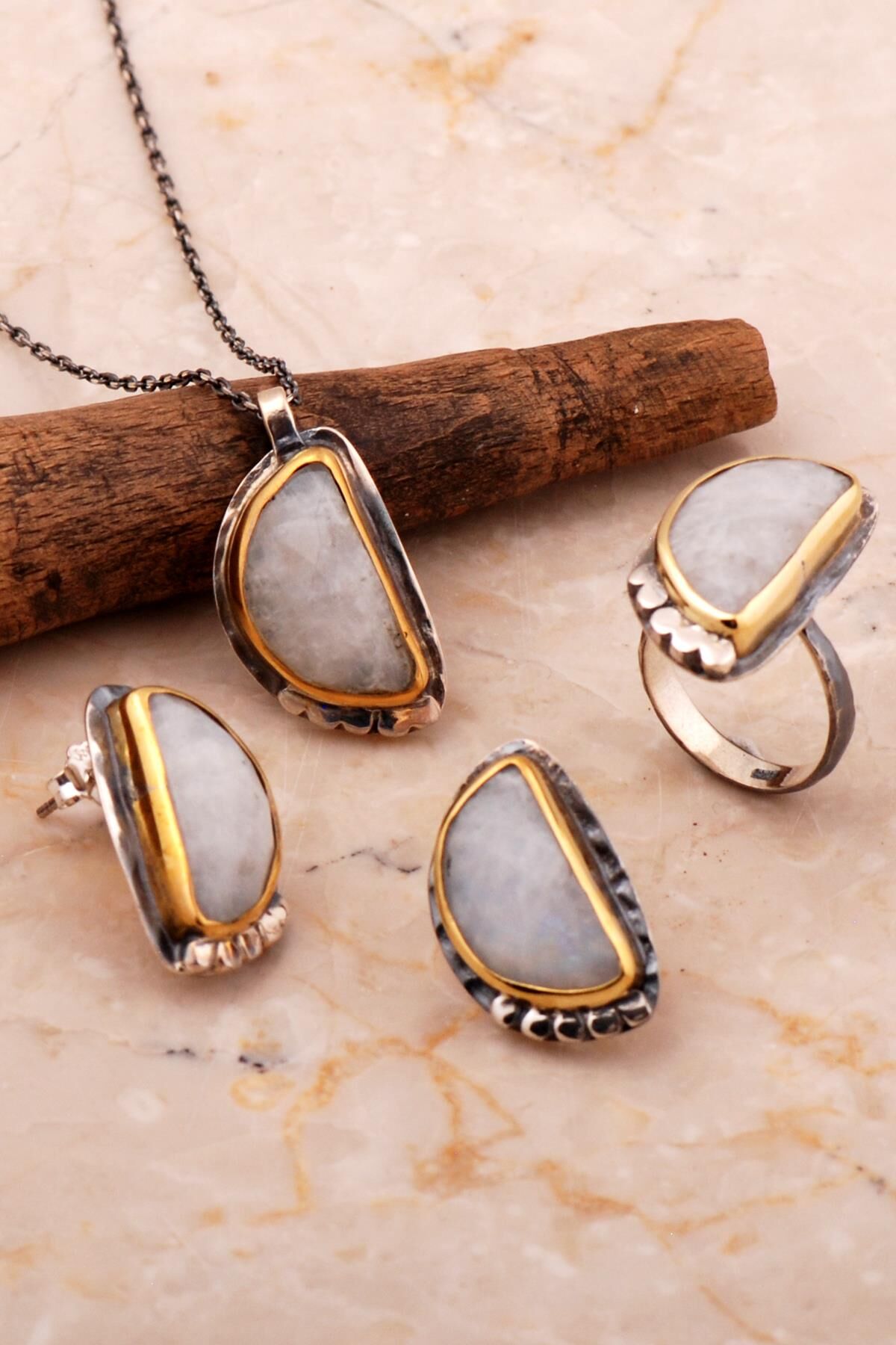 Ay Taşlı Tasarım Elişi Gümüş Set 2793