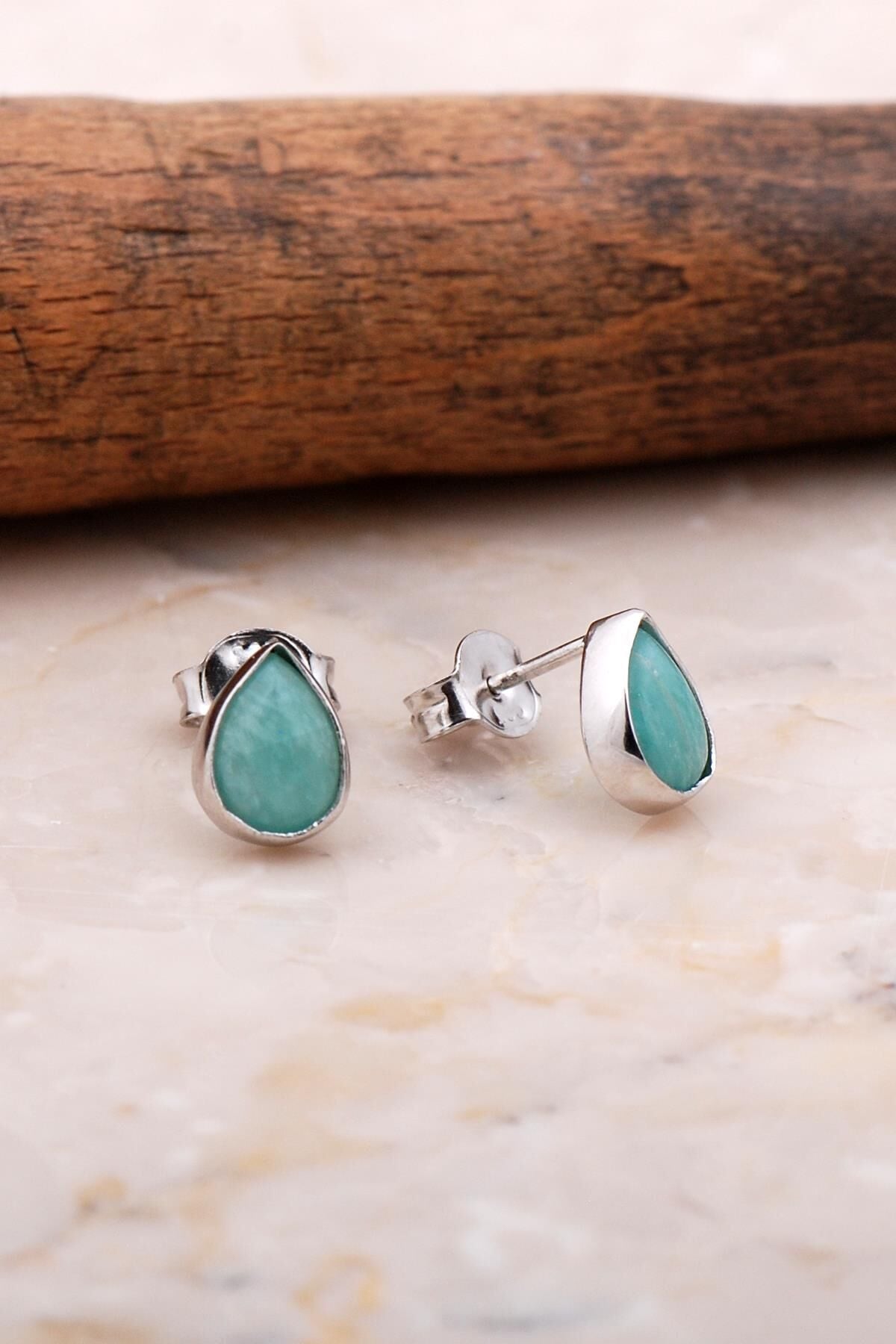 Doğal Amazonit Taşlı Damla Mini Rodyumlu Gümüş Küpe 5838