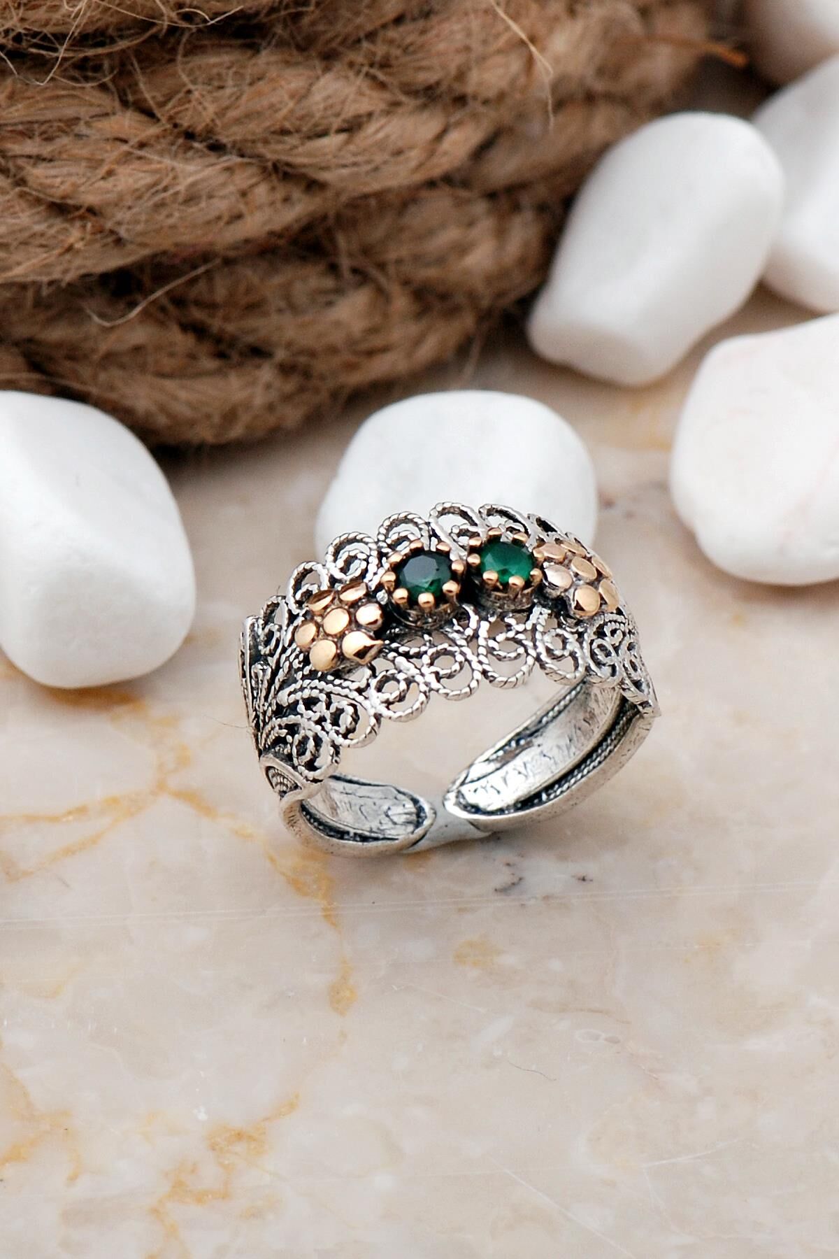 Telkari Elişi Taşlı Papatyalı Gümüş Yüzük 3245