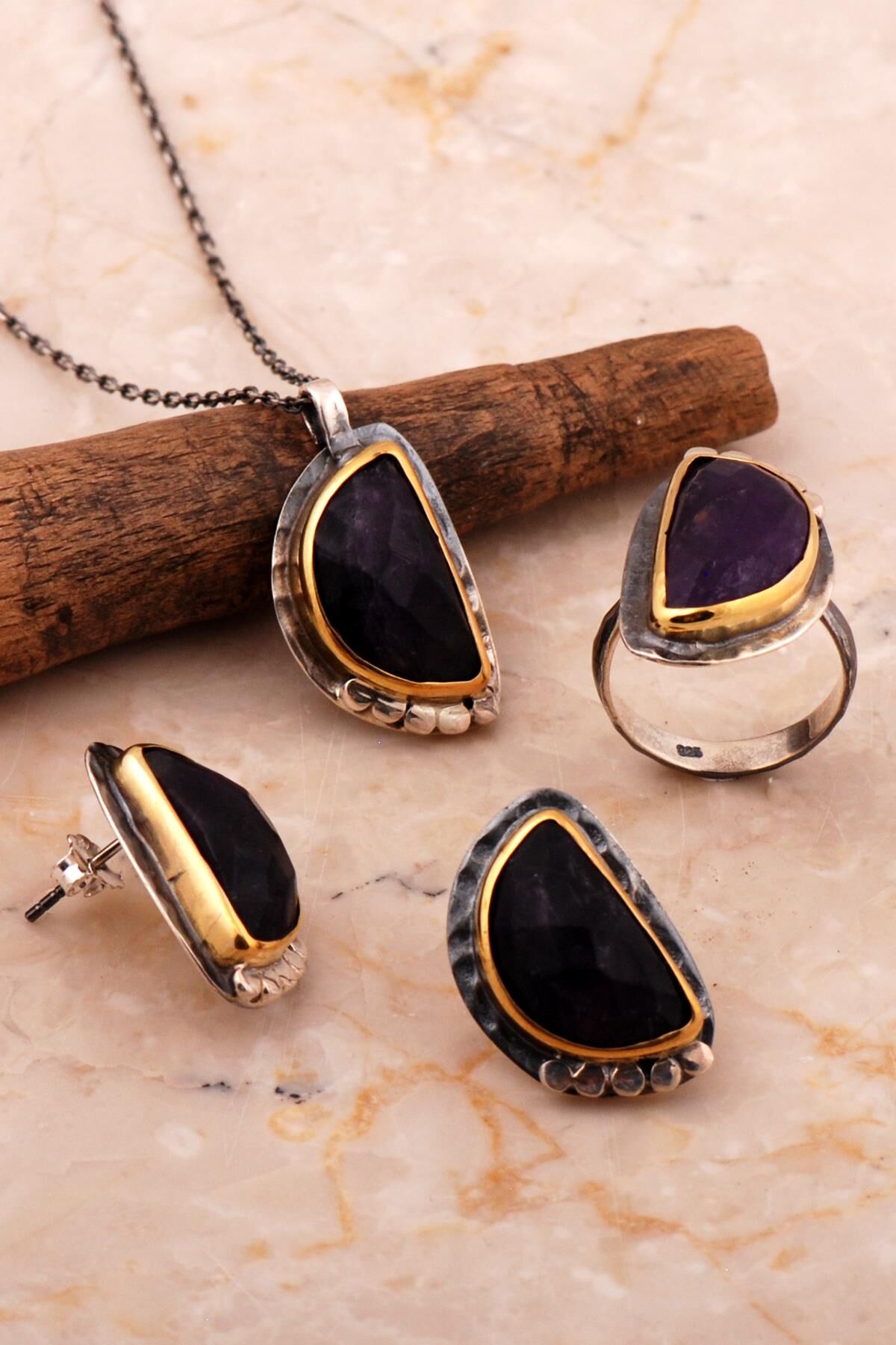 Ametist Taşlı Tasarım Elişi Gümüş Set 2794