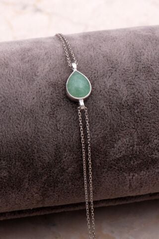 Doğal Prehnit Taşlı Damla Mini Rodyumlu Gümüş Bileklik 4132