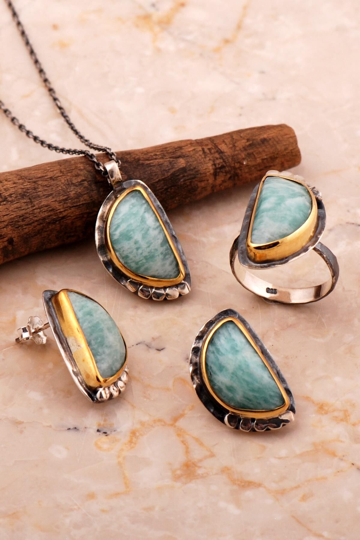 Amazonit Taşlı Tasarım Elişi Gümüş Set 2795