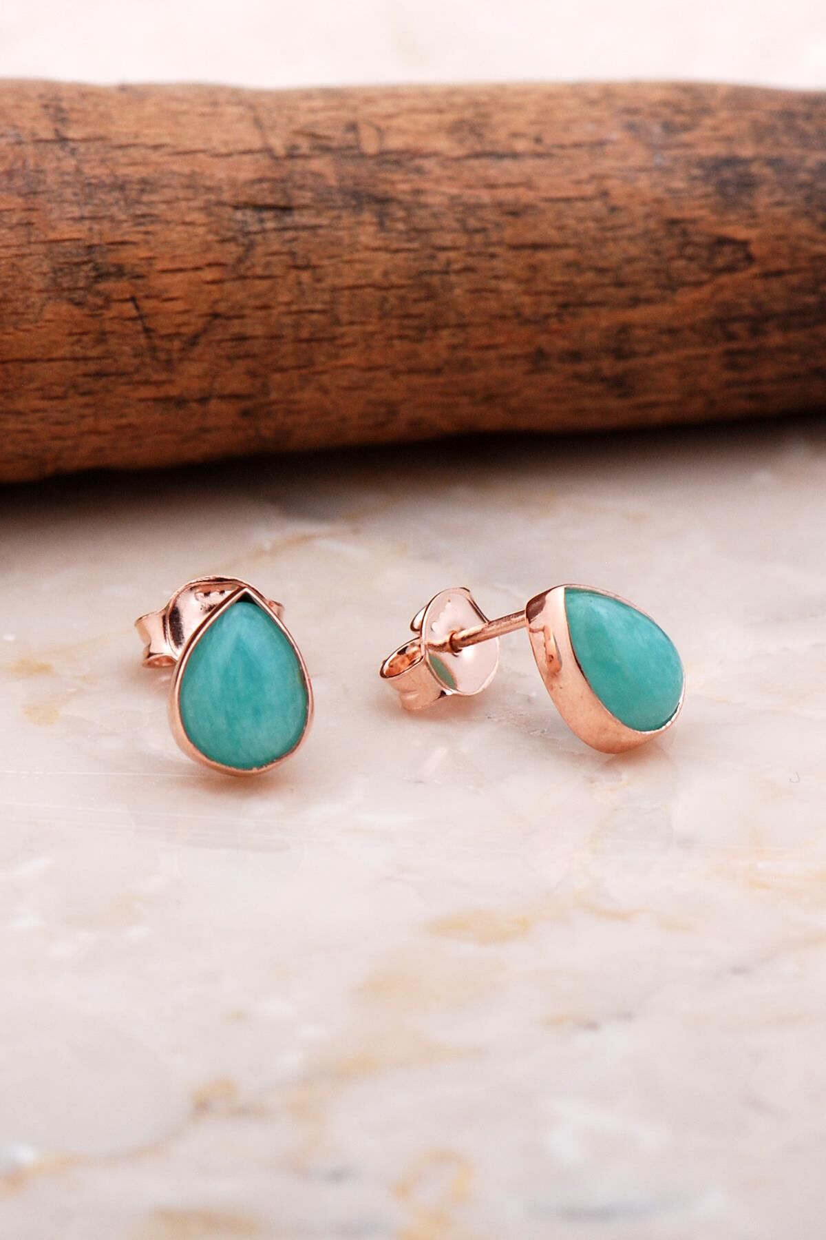 Doğal Amazonit Taşlı Damla Mini Rose Gümüş Küpe 5839