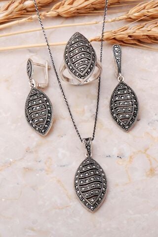 Markazit Taşlı Mekik Tasarım Gümüş Set 2501