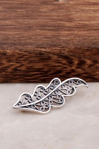 Telkari İşlemeli Yaprak Tasarım Gümüş Broş 330