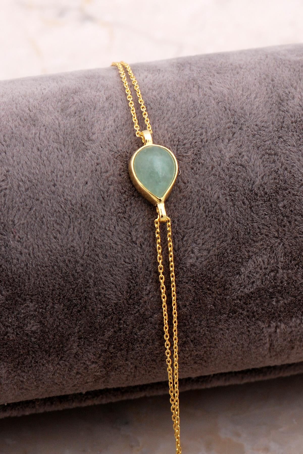 Doğal Prenhit Taşlı Damla Mini Altın Yaldızlı Gümüş Bileklik 4133