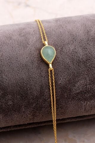 Doğal Prenhit Taşlı Damla Mini Altın Yaldızlı Gümüş Bileklik 4133